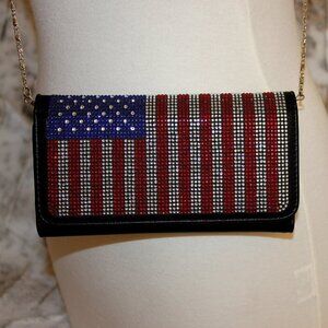 Patriotic Red White Blue Rhinestone Bling Black Hobo Crossbody Mini Shoulder Bag